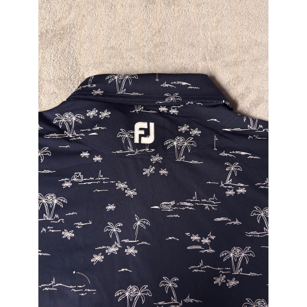 FootJoy Tropic Isle Golf Polo Shirt Navy Blue Palm Tree Print Mens Lrg NWT Logo - Picture 14 of 15